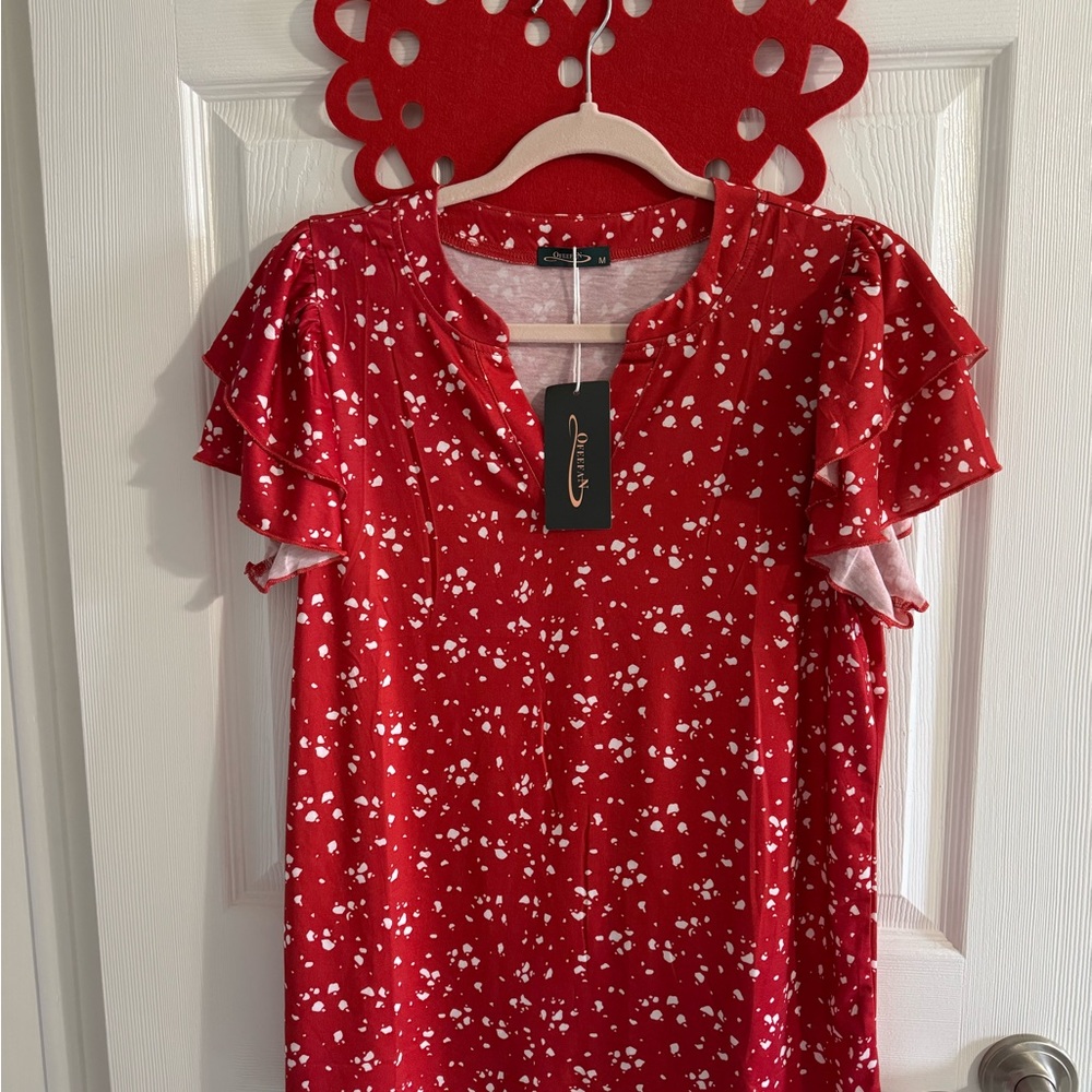 Red Floral Ruffle Sleeve Blouse